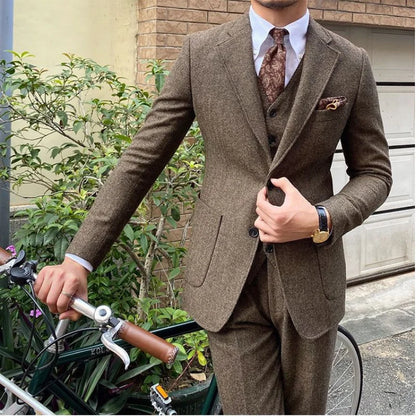 New Retro Herringbone Slim Fit Men's Suit Gentlemen's 3-piece Suit Single Breasted Handsome Autumn Winter Business Casual Formal