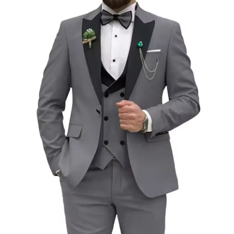 Slim Fit Men Suits Double Breasted Groom Formal Business Male Blazer Set Peak Lapel Party Wedding Tuxedo (Jacket+Vest+Pants)