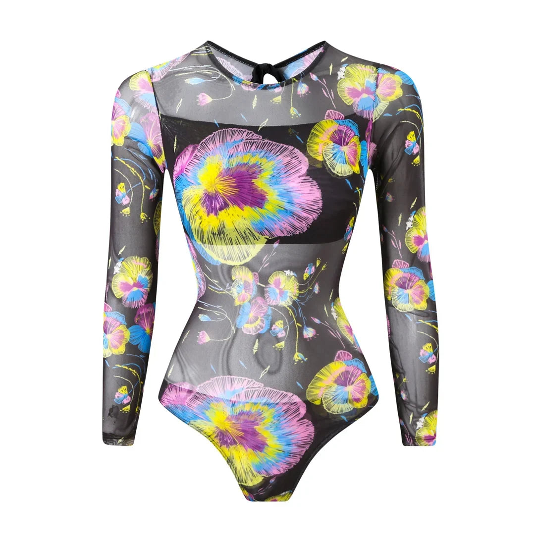 S - XXL Printed Long Sleeve With Sarong One Piece Swimsuit Women Swimwear Female Flowers Padded Bather Bathing Suit Swim V7181