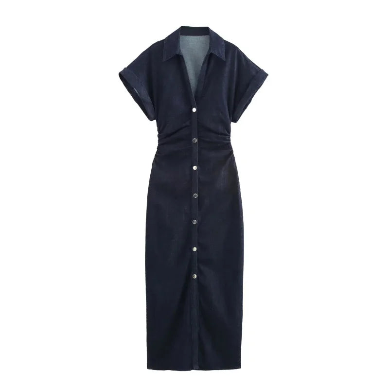 2025  Spring New 1975 series denim MIDI dress with lapel side zipper fashion wrinkle waist slim elegant dress