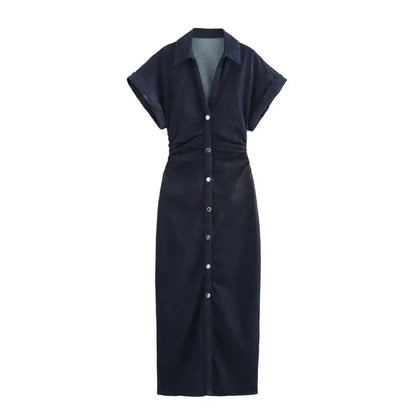2025  Spring New 1975 series denim MIDI dress with lapel side zipper fashion wrinkle waist slim elegant dress