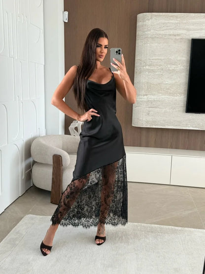 Trendix Hollow Out Lace Dress Women 2025 Winter Sexy V Neck Sleeveless Spaghetti Strap Dresses Party Club Elegant Evening Dress