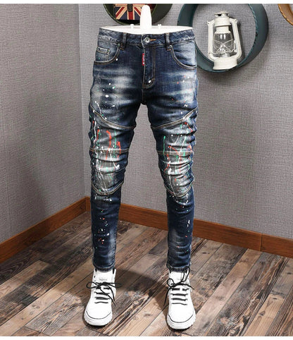 Fashion Streetwear Men Jeans Retro Black Blue Elastic Slim Fit Ripped Jeans Men Spliced Designer Embroidery Hip Hop Denim Pants