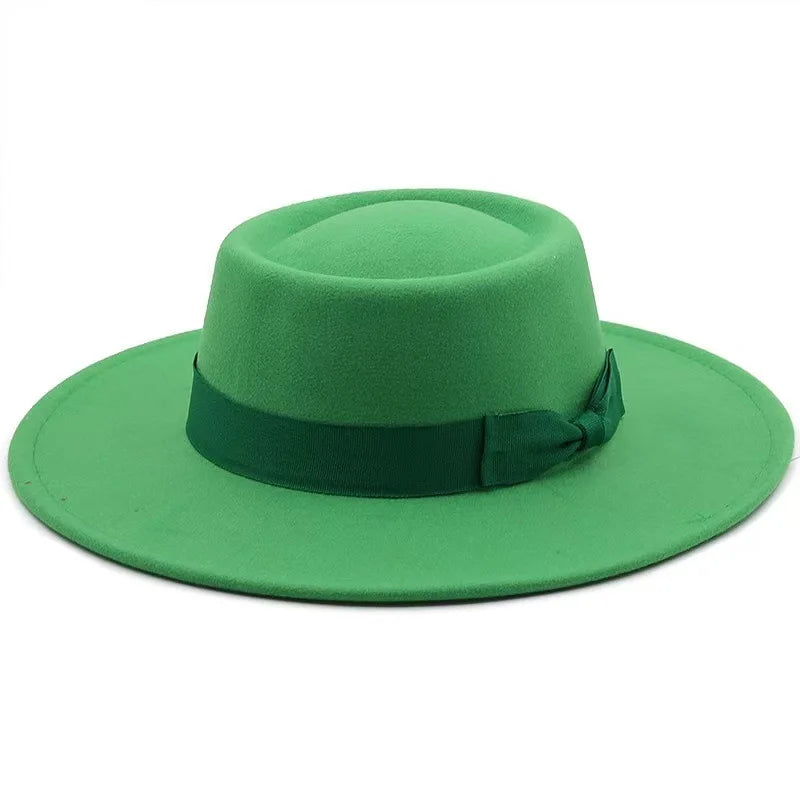 9.5cm Brim Round Top Hat Solid Color Fedoras Bow Flat Top Boater Style Panama Hats for Women Men Party Wedding Church Felt Caps