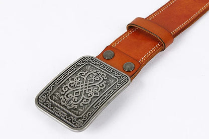 3.8cm Chinese Pattern Cowboy Smooth Buckle Men's Belt Ceinture Homme Yellow Belt Male Wide Jeans Men Genuine Leather Belt