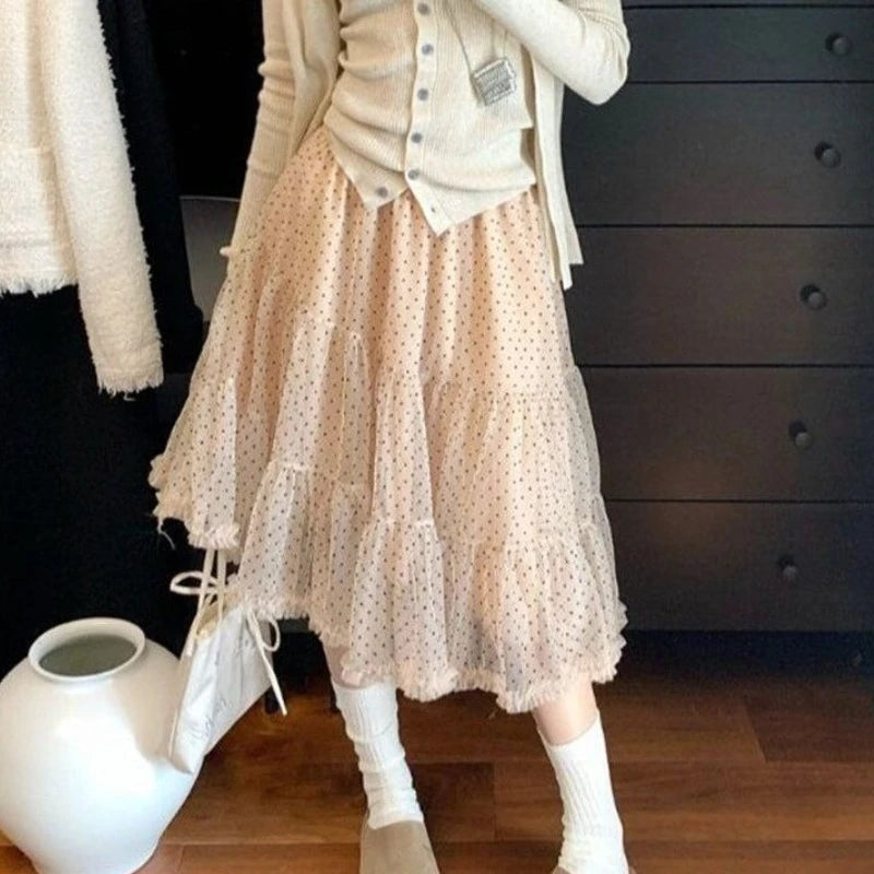 Sweet Elegant Skirts Women Korean Style Polka Dot Mesh Ruffle Skirt Fairycore Fashion Retro Streetwear Layered Skirts