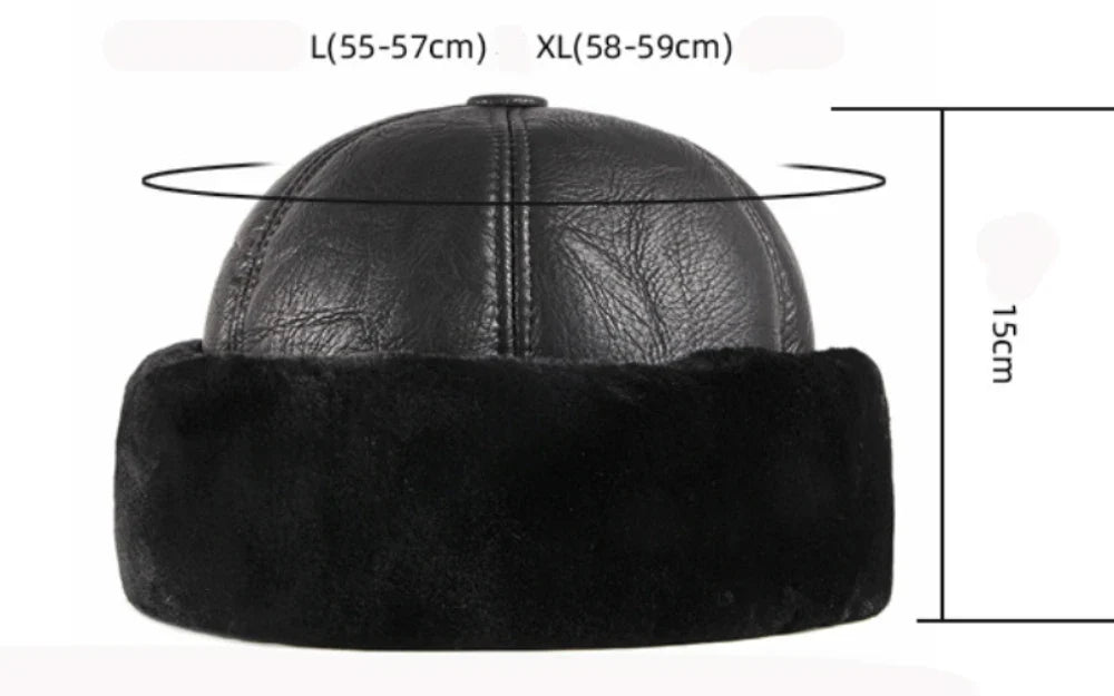 High Quality Autumn Winter Cap Hat PU Leather Thick Warm Pilot Hat Solid Black Fleece Lined Russian Cap 6 Panels Fur Hat