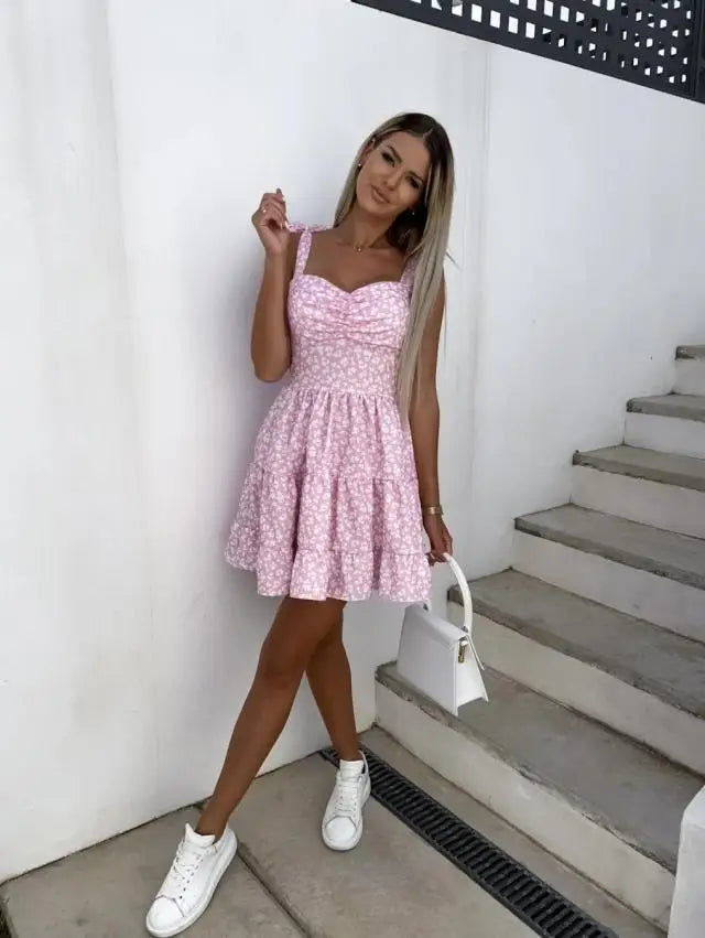 Summer Fashion Flower Print Waist Pleated Dress For Women Y2k Casual Vacation Beach Sundress Spaghetti Strap Mini Dress Female