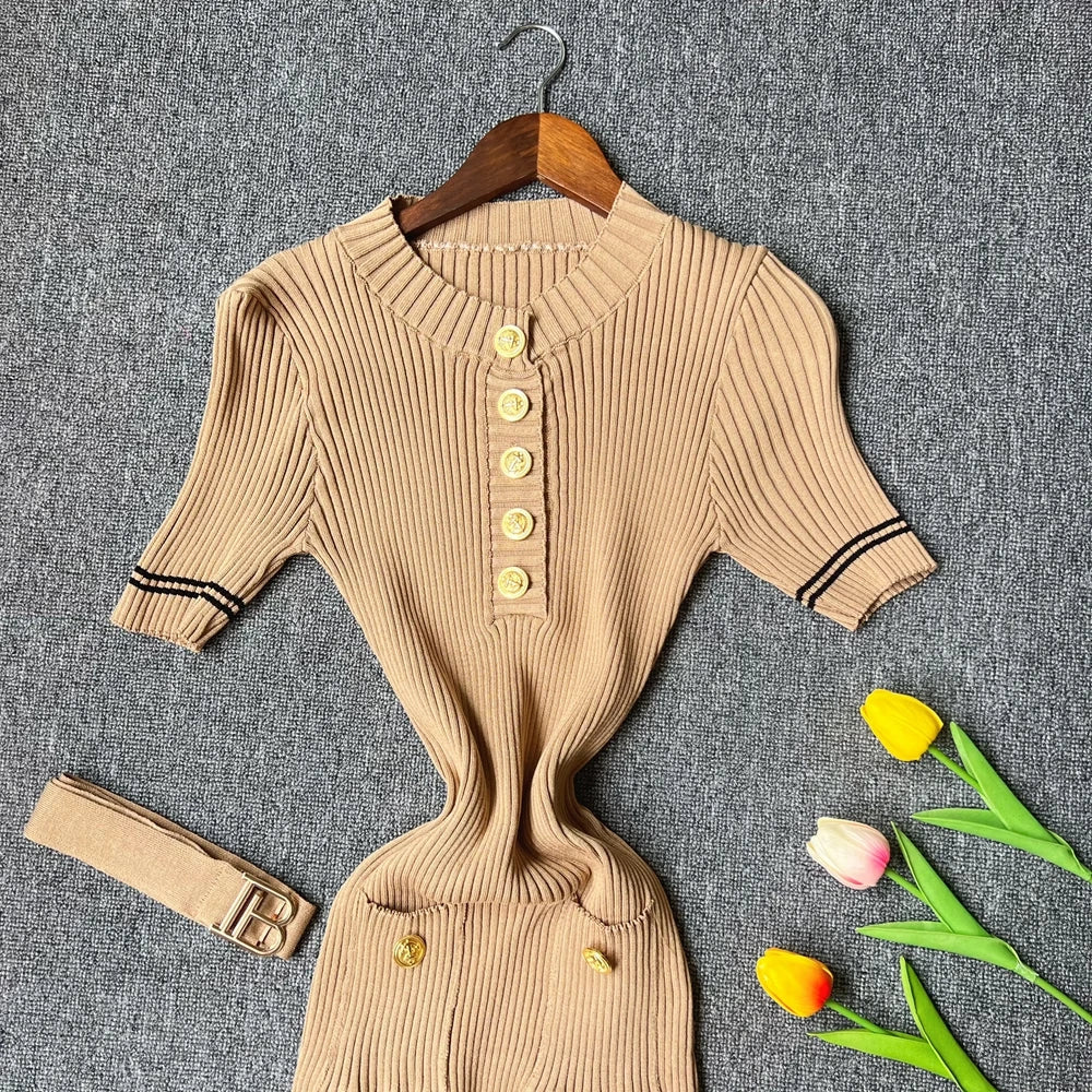 2025 Autumn Winter Women Knitted Dress Brand Fashion O-neck Buttons Bodycon Sweater Dress with Belt Lady Office Dress