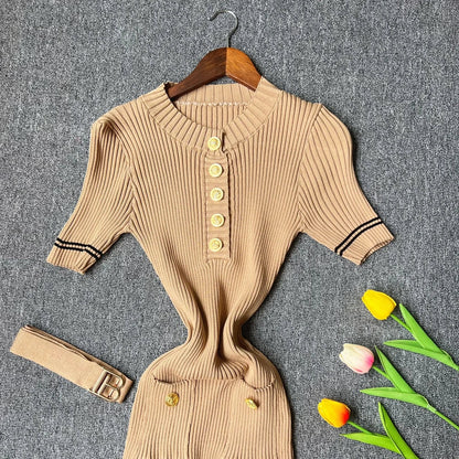 2025 Autumn Winter Women Knitted Dress Brand Fashion O-neck Buttons Bodycon Sweater Dress with Belt Lady Office Dress
