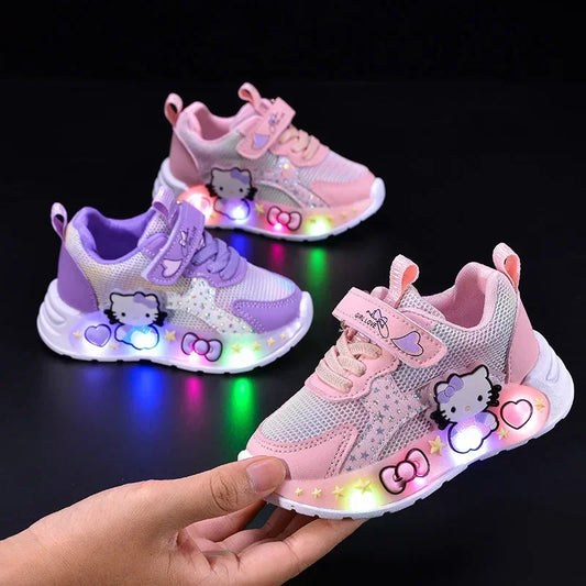 Kids'Casual Shoes Girls Led Light Cartoon PU Leather Fashion Sport Flat Bottom Shoes Breathable White Pink Size 21-30