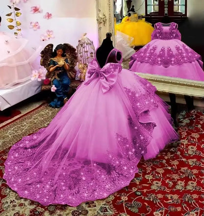 Customized Flower Girl Dress for Wedding Suspenders with Bow Satin Ball Gown Kids Birthday First Communion Party Dress