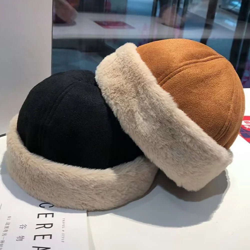 New Autumn Winter Cap for Men Women Thick Warm Lamb Fleece Lined Bomber Hat Male Female Solid Plain Suede Russian Fur Hat
