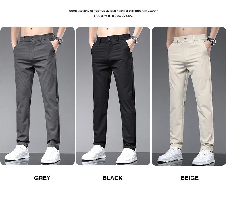 Spring Summer Thin Men's Slim Casual Pants Solid Color Elastic Waist Soft Breathable Business Straight Trousers Black Beige Gray