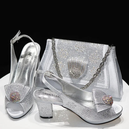 2024 Italian Design Girly Style Golden Color Wedding Shoes And Bag Full Diamond Decoration Metal Closure Bags