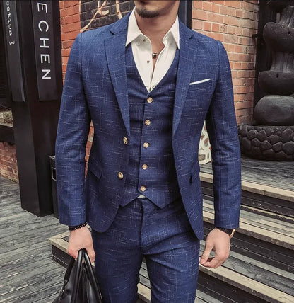 High Quality Slim-fit Men's Three-piece Suit with Vest And Trousers - Double Buckle Wedding Art Fabric Tough Man Suit