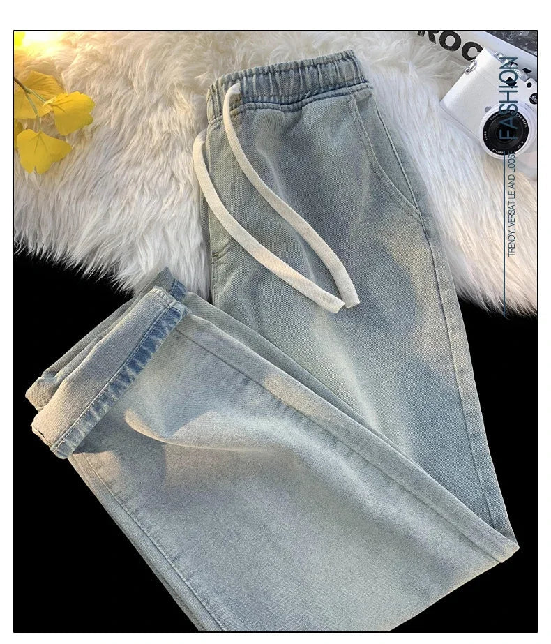 Casual Jeans Men's Baggy Straight Elastic Waist Drawstring Korea Fashion Male Vintage Denim Trousers Streetwear 3XL