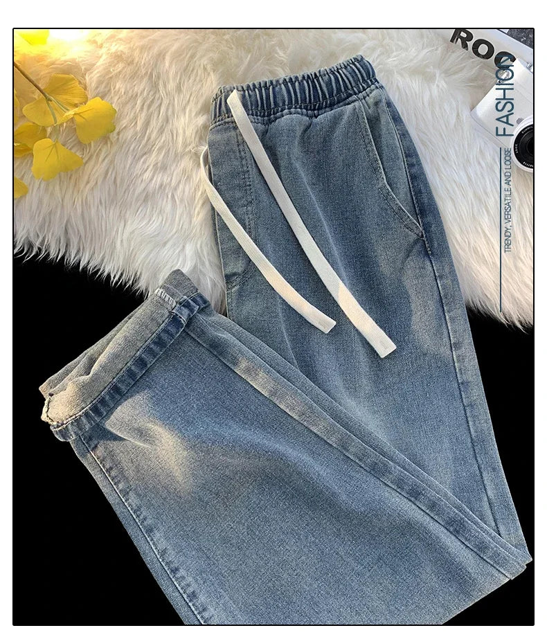 Casual Jeans Men's Baggy Straight Elastic Waist Drawstring Korea Fashion Male Vintage Denim Trousers Streetwear 3XL