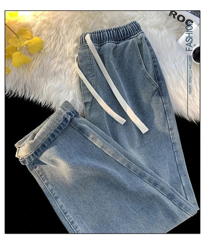 Casual Jeans Men's Baggy Straight Elastic Waist Drawstring Korea Fashion Male Vintage Denim Trousers Streetwear 3XL