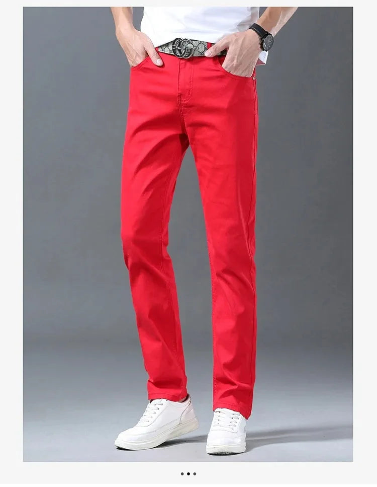 Men Classic Version Slim Stretch Trousers Clothing Red Straight Jeans Fashion High Quality Casual  Denim Pants Male 36 40