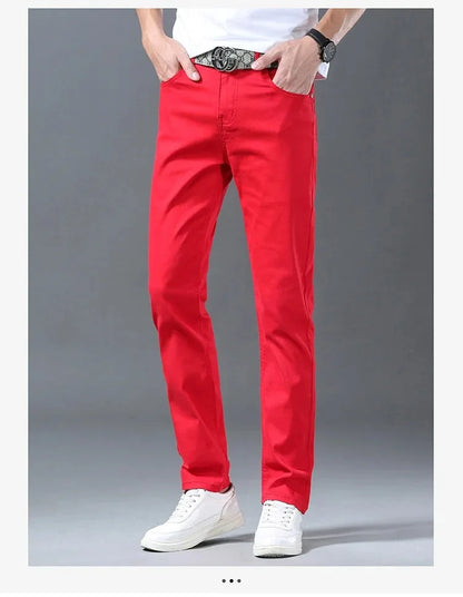 Men Classic Version Slim Stretch Trousers Clothing Red Straight Jeans Fashion High Quality Casual  Denim Pants Male 36 40
