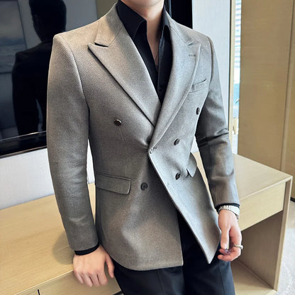High Quality Men Double Breasted Blazer Suede Gilded Twill Slim Fit Business Social Formal Suit Jacket Tailcoats Men Clothes