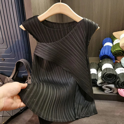 Sleeveless T-shirt Miyake Pleated Summer New Round Neck Slim Thin Versatile Irregular Women's Undershirt Tops Multiple Ways Wear