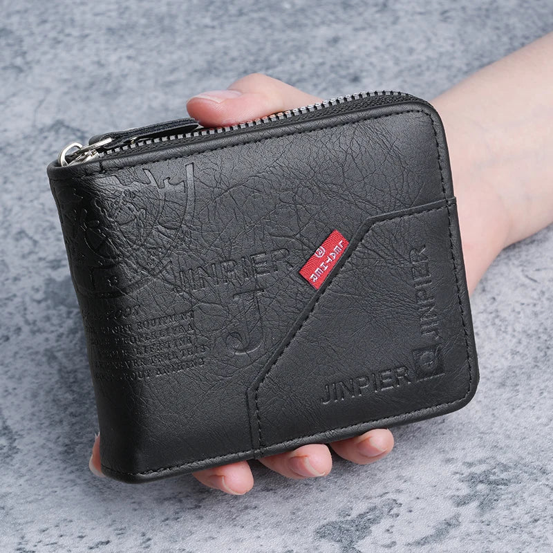 Casual Men's Leather Wallet Short Bifold Wholesale Coin Purse Zipper Pocket Cross-Border Popular Hard Cover Money Holder