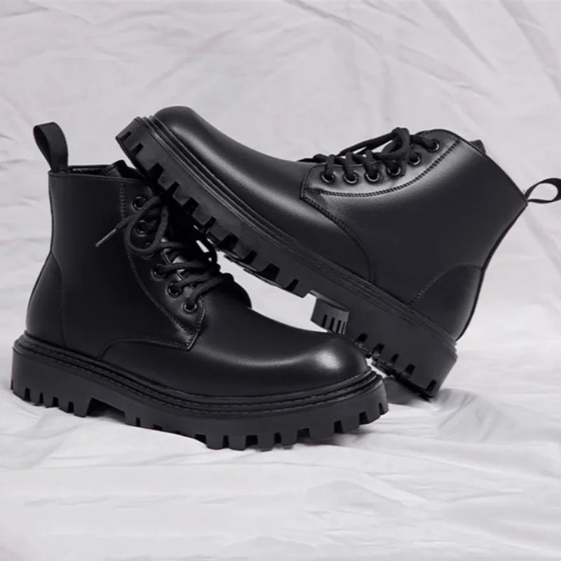 Black Men's Casual Leather Boots Fashion Winter Men Work Boot Mens Shoes Non-slip Designer High Top Ankle Boots Motorcycle Shoes