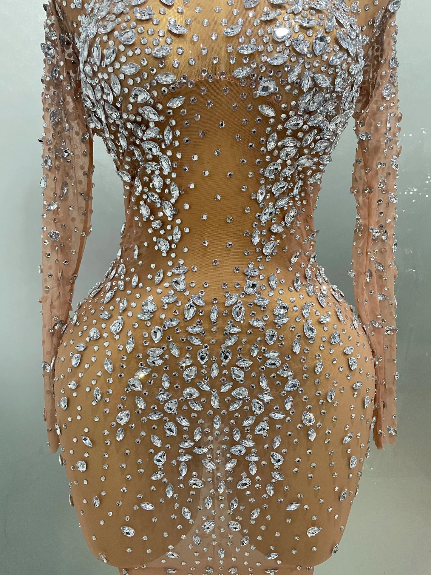Sexy Shinny Rhinestone Stretch Mesh Transparent Long Dress 2025New Women Evening Birthday Party Prom Nightclub Singer Stage Wear
