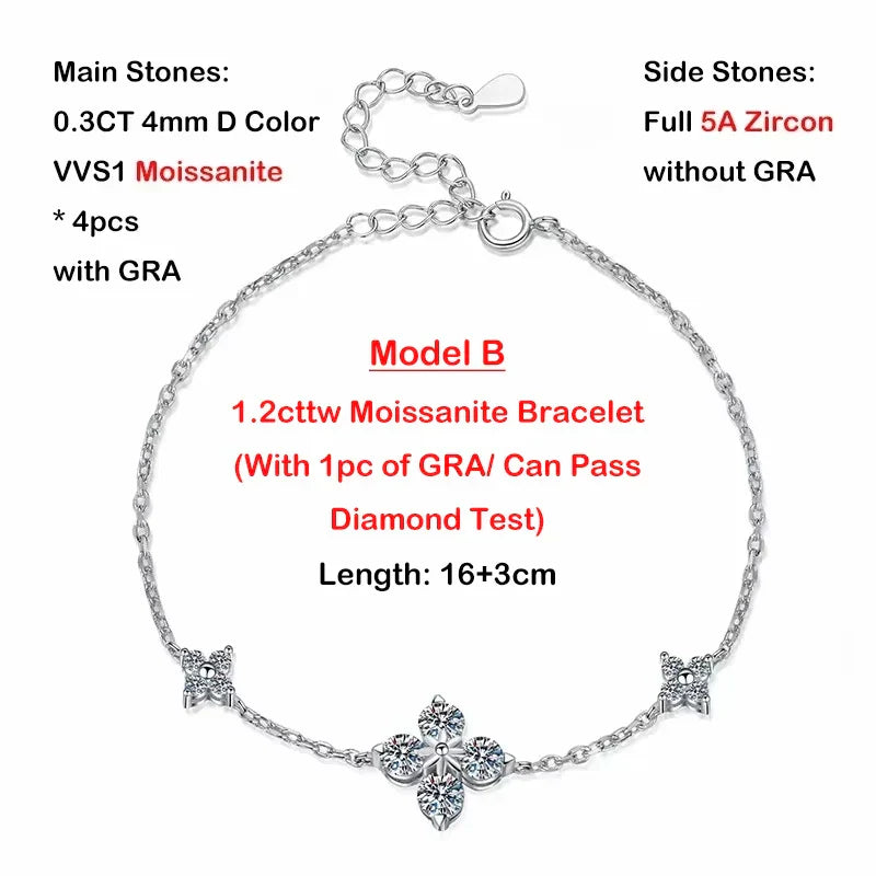 4-Leaf Clover GRA Certified 0.9cttw D Color Moissanite Diamond Bracelet for Woman 925 Silver Link Bracelets Fine Jewelry