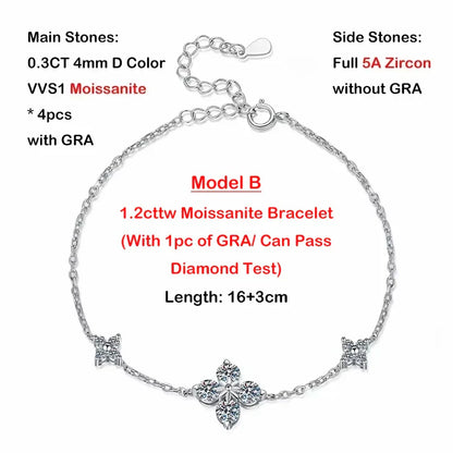Clover GRA Certified 2cttw D Color Moissanite Bracelet for Women Girl 925 Silver Pass Diamond Test Hand Link Bracelets Gift