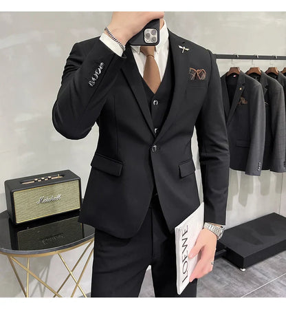 Blazer Vest Pants Men's Navy Blue Suit Set Slim Fit Blazer Vest Pants Formal Outfit for Business Wedding Office Groom Party