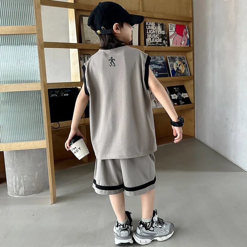 Summer Boys Alphabet Tee Top+Shorts Student Team Jerseys Workout Set School Kids 2PCS Tracksuit Children Jogging Outfit 5-16 Yr