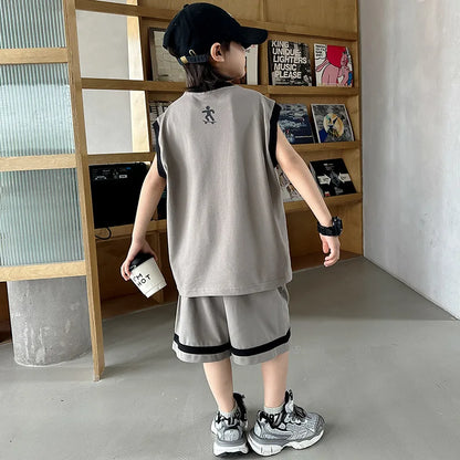 Summer Boys Alphabet Tee Top+Shorts Student Team Jerseys Workout Set School Kids 2PCS Tracksuit Children Jogging Outfit 5-16 Yr