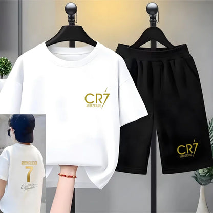 Children Short-sleeved T-shirt+Shorts Football Player Player No. 7 Print Boys Girls Toddler 3-12Yrs Sports Set Summer Clothing