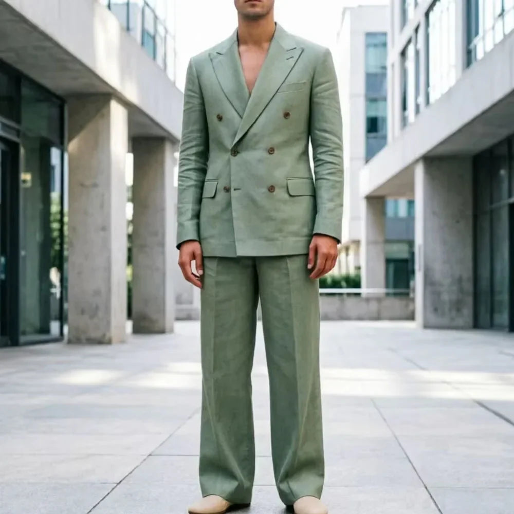 Men‘s Sage Green Linen Suit 2 Piece Double Breasted Peak Lapel Blazer Straight Leg Pants Casual Set For summer wedding Groom New