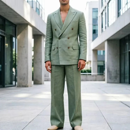 Men‘s Sage Green Linen Suit 2 Piece Double Breasted Peak Lapel Blazer Straight Leg Pants Casual Set For summer wedding Groom New