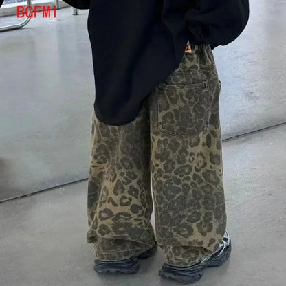 Boys Spring Autumn New Korean Children's Black Letter Sweatshirt + Leopard Vintage Denim Loose Pants Girl Kid Fashion 2pcs Set