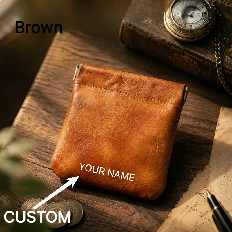 Full Grain Leather Vintage Organizer Bag Vegetable Tanned Cosmetic Pouch Magnetic Closure Coin Purse Custom Engraving