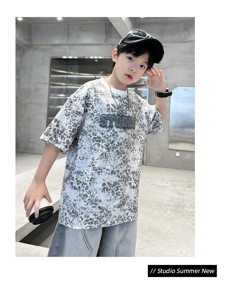 Baby Child Summer Cotton Suit With Shorts for Boy Leopard Print T-shirt + Denim Shorts Top and Bottom Clothes Set For Kids 2-14Y