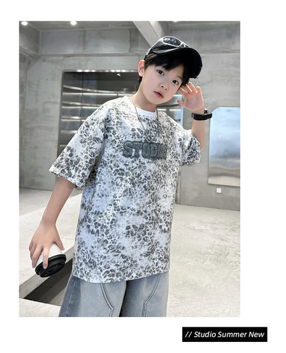 Baby Child Summer Cotton Suit With Shorts for Boy Leopard Print T-shirt + Denim Shorts Top and Bottom Clothes Set For Kids 2-14Y