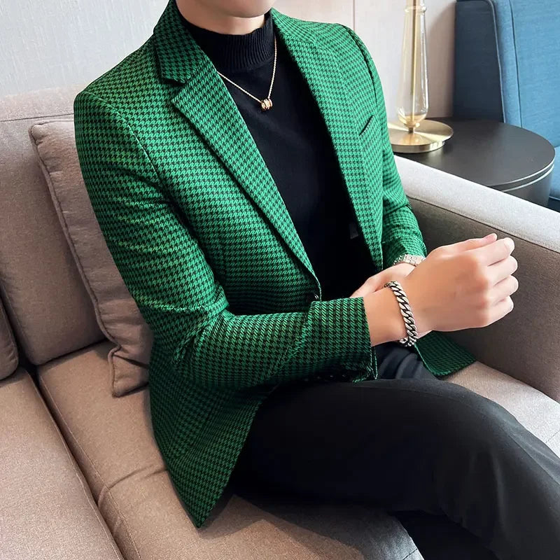 2025 Spring Men's Plaid Suit Jacket Korean Luxury Business Slim Fit Social Suit Jacket Formal Social Party Wedding Prom Tuxedo