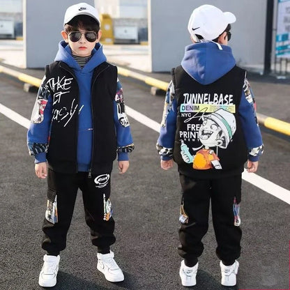 Fleece-Lined Coat Set Hoodies Printed Cartoon Boy Children's Clothing Men's Sets Autumn Winter Clothes Elementary Student Suit