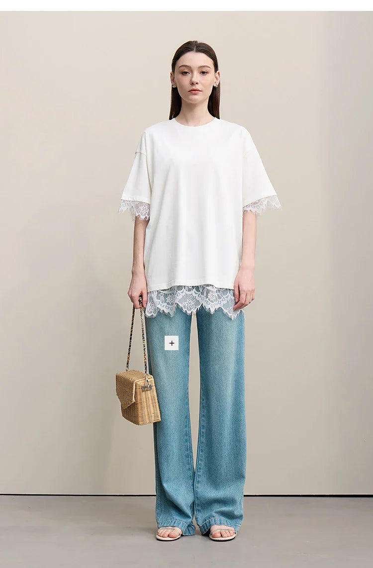 Women's T-Shirt 2026 Summer Round Neck Drop Shoulder Cotton Tee Lace Lace Patchwork Loose Side Slit Top For Women 12652004