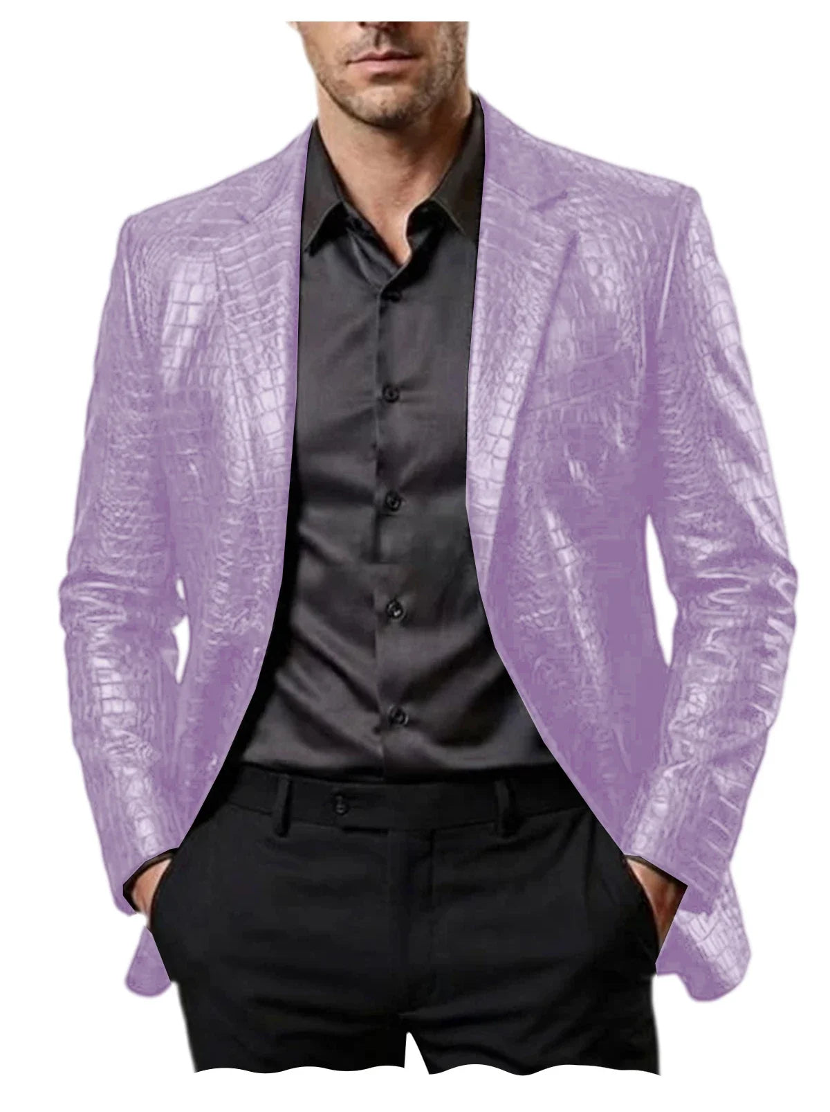 Men Crocodile Texture Leather Blazer Notched Lapel Slim Fit Single Breasted Suit Jacket Nightclub Party Business Outer Coat