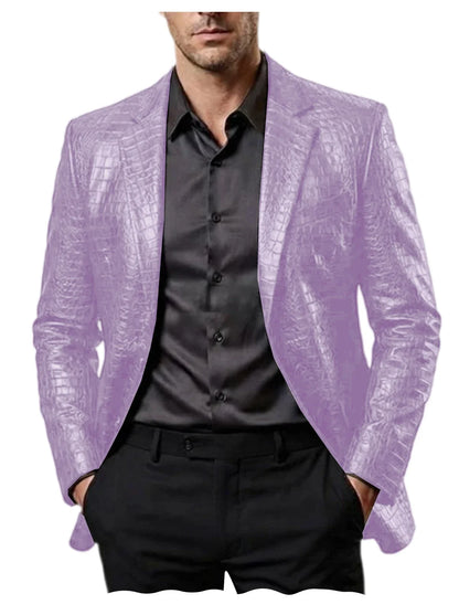 Men Crocodile Texture Leather Blazer Notched Lapel Slim Fit Single Breasted Suit Jacket Nightclub Party Business Outer Coat