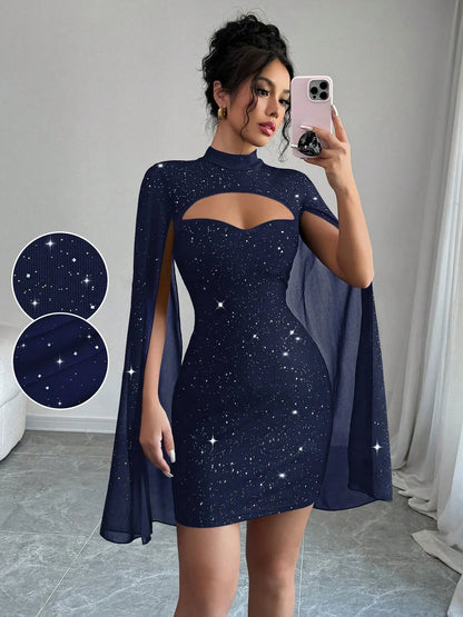 Sexy Women's Stand Collar Cape Mini Dress Sequins Sparkling Club Party Night Out Fitted Bodycon Elegant Autumn Winter