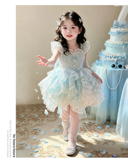 Baby Girls Sweet Sleeveless Lolita Princess Dress New 2026 Summer Childrens Elegant Lace Trim Tulle Bow Train Performance Gown