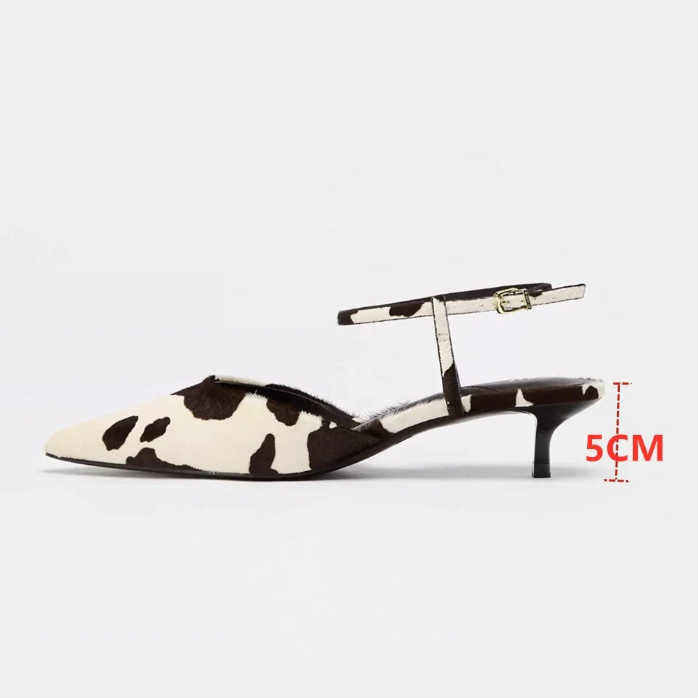 Summer Sandals Women Genuine Leather Women Mid heels Horse Leather Leopard Print Large Size Pointed Toe Women Sandals